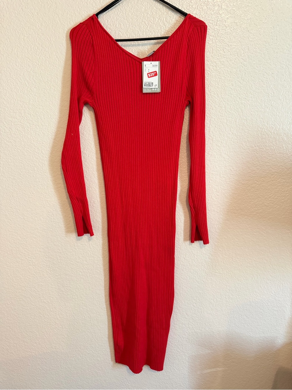 H&M Ribbed Long-Sleeve Red Midi Bodycon Dress